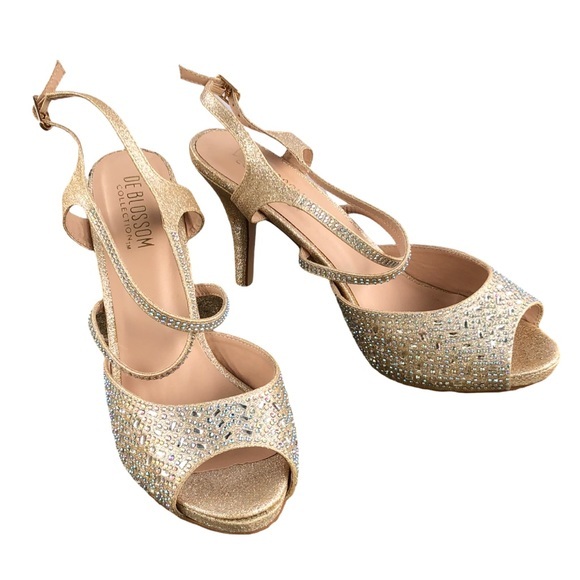 Champagne Shimmery‎ Prom Formal Rhinestone Peeptoe Strappy Stilettos size 11 - Picture 1 of 10
